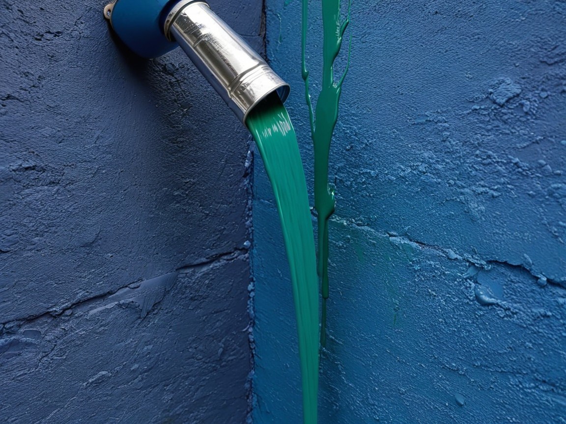 Green Paint Flowing on Textured Blue Wall