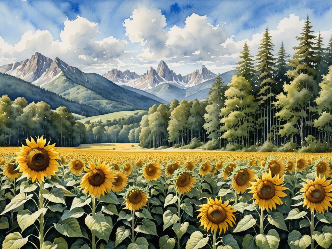 Watercolor Landscape of Sunflowers and Mountains