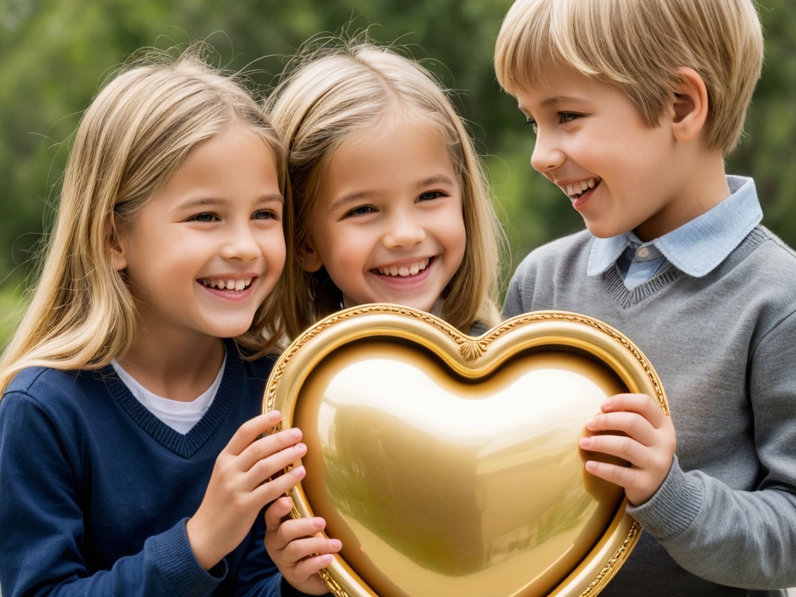 Children Holding a Large Golden Heart Outdoors