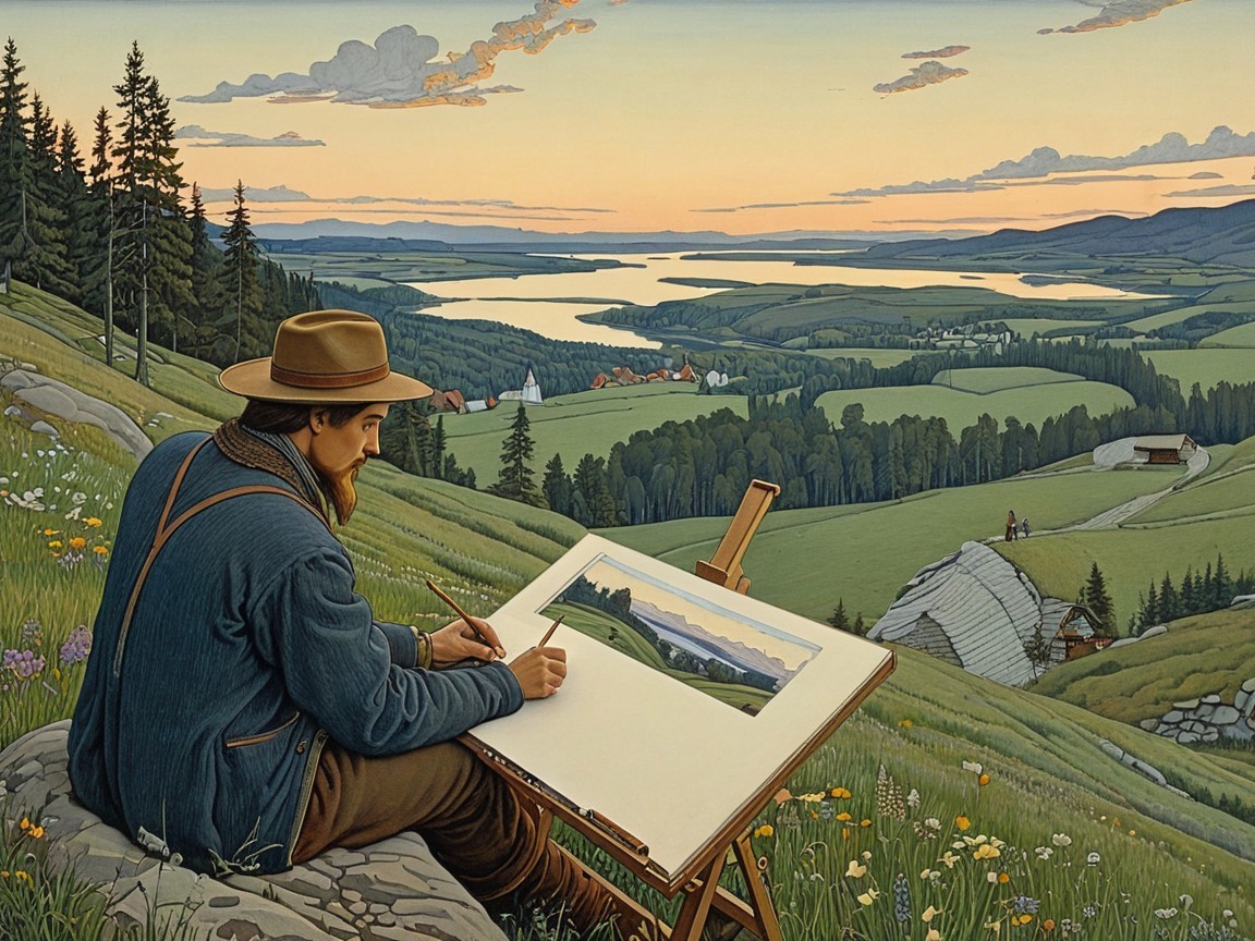 Young Man Painting Lake View at Dusk with Easel