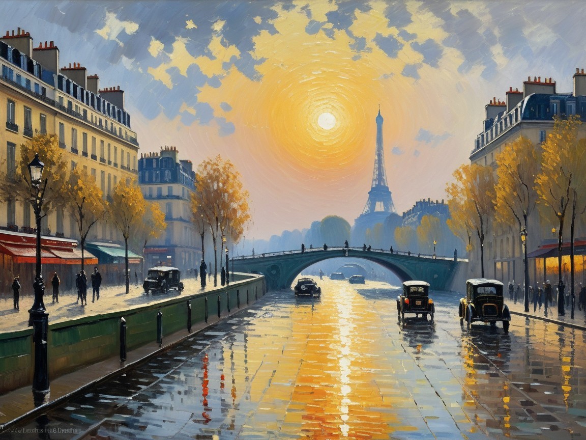 Parisian Sunset with Eiffel Tower and Autumn Scene