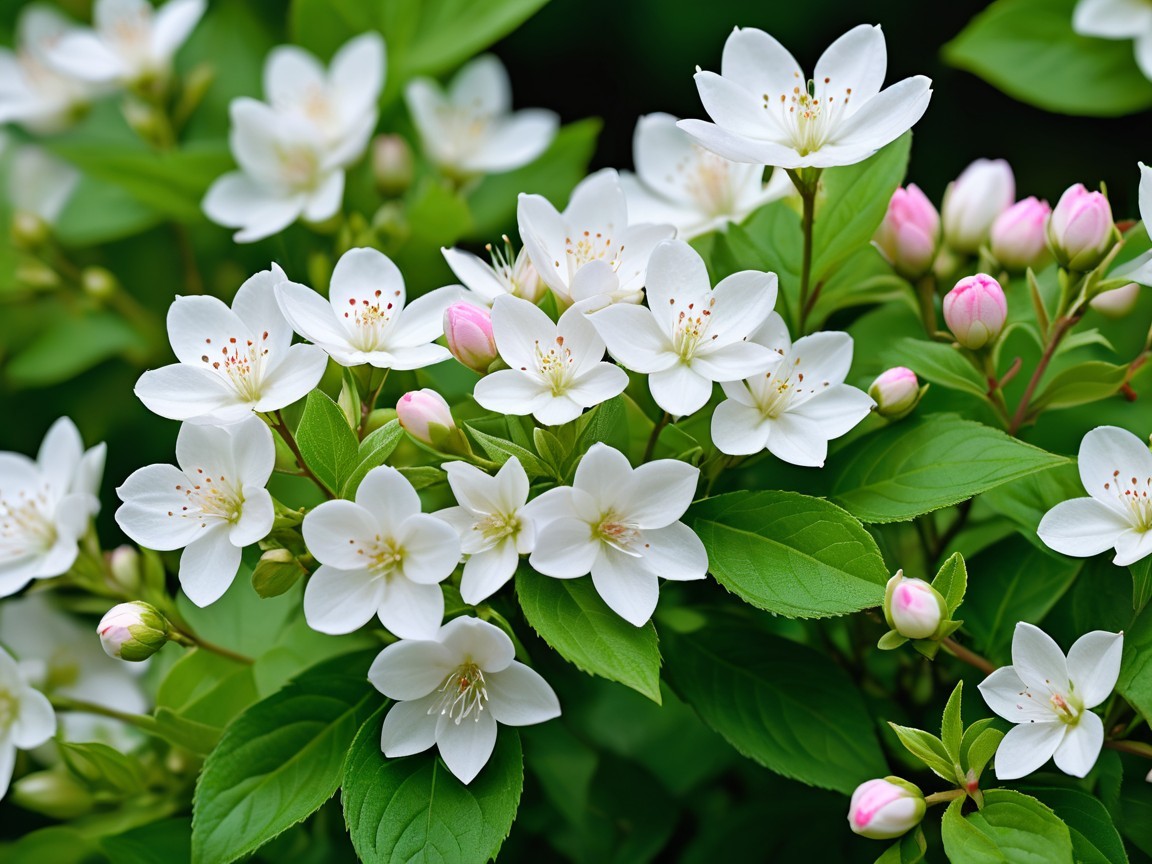 Vibrant White Flowers and Green Leaves in Spring Garden