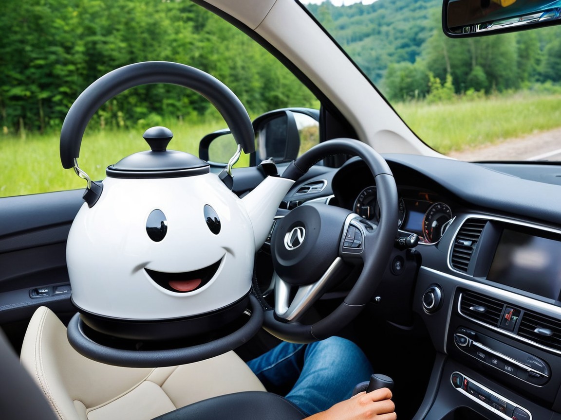 White Electric Kettle with Cartoon Face in Car Seat