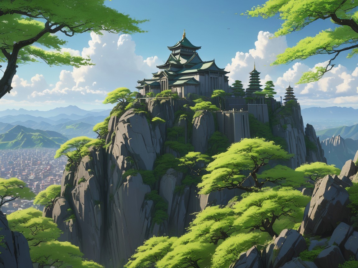 Majestic temple on rocky peak with lush surroundings