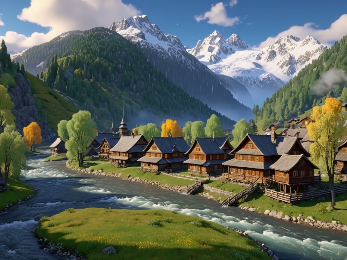 Mountain Valley Village Landscape in Morning Light