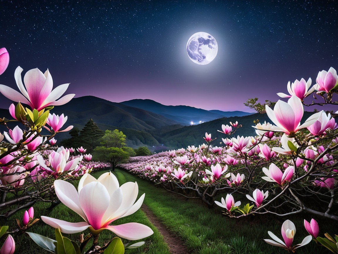 Serene landscape with magnolia flowers under moonlight