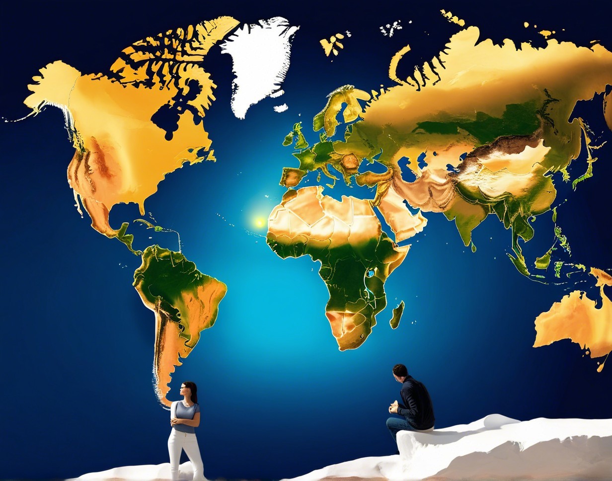 World Map with Geographical Features and Woman Figure