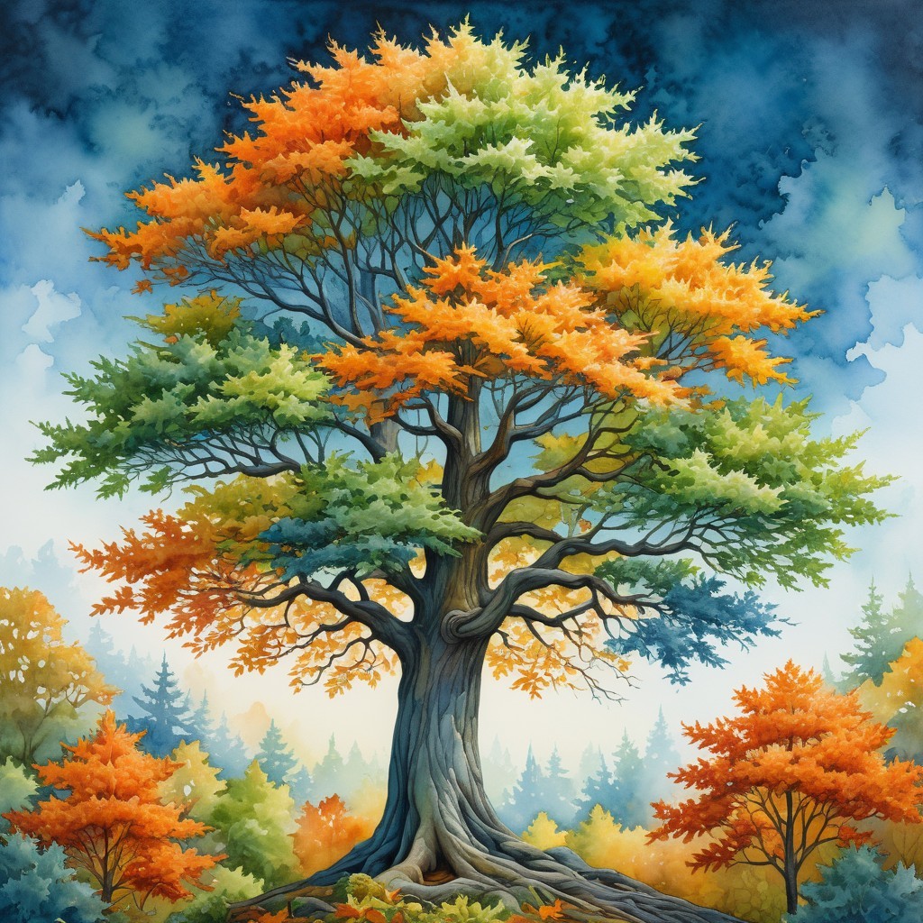 Autumn Tree with Vibrant Canopy and Serene Landscape