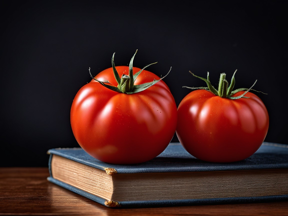 Vibrant Red Tomatoes on Closed Blue Book Still Life