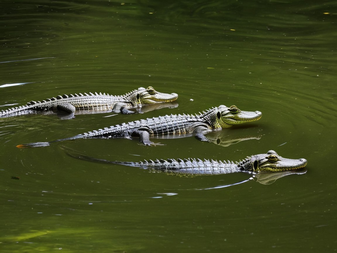 Young Alligators Swimming in Lush Green Water
