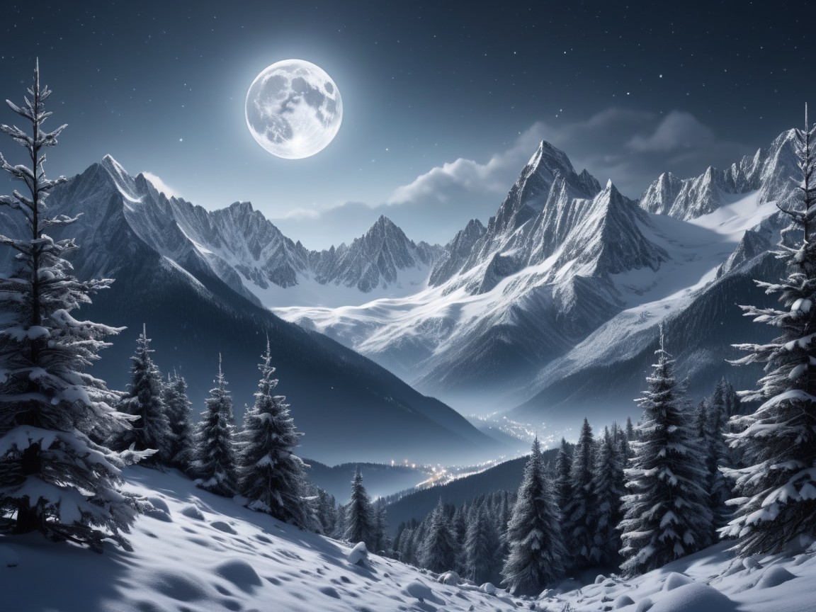 Winter Landscape with Snow-Capped Mountains and Moon