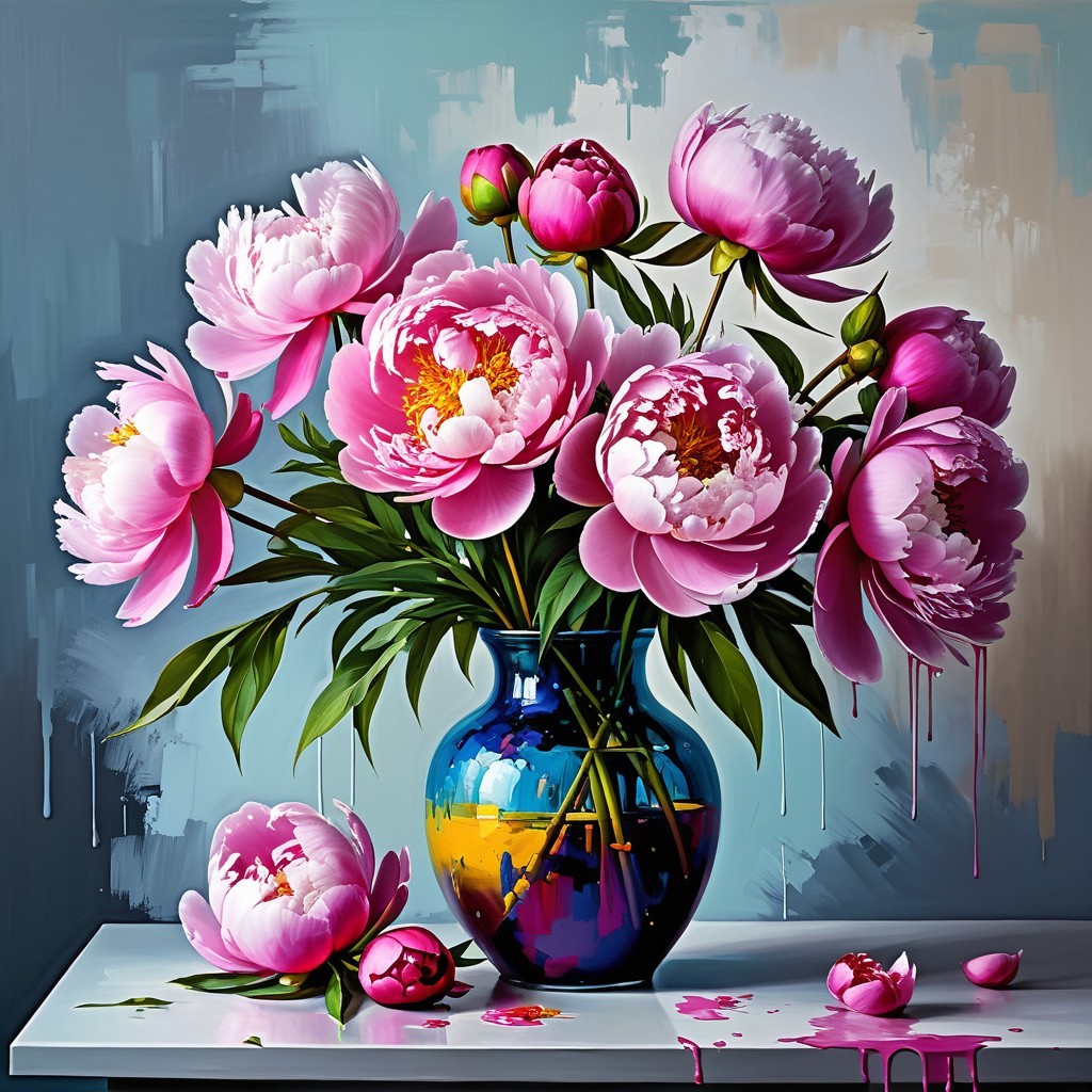 Vibrant Still Life of Pink Peonies in Colorful Vase