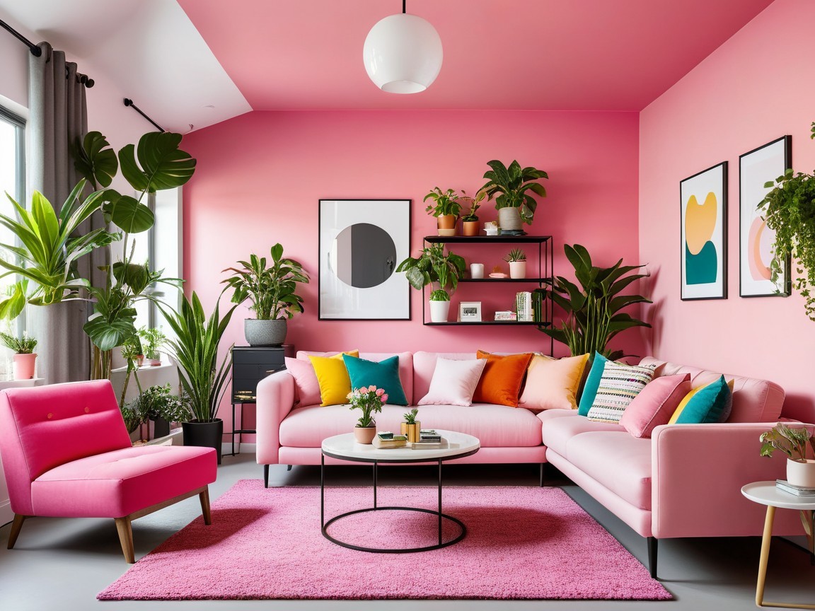 Vibrant Pink-Themed Living Room with Natural Light