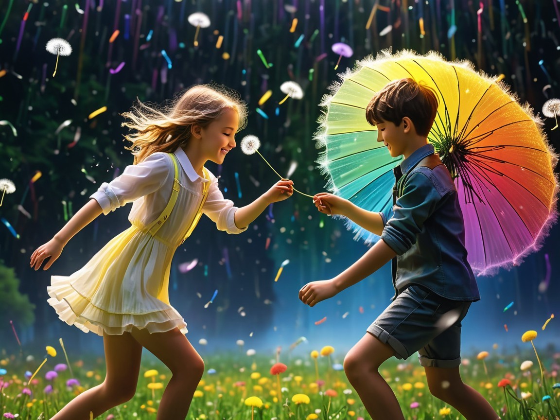 Children Playing in a Colorful Flower Meadow