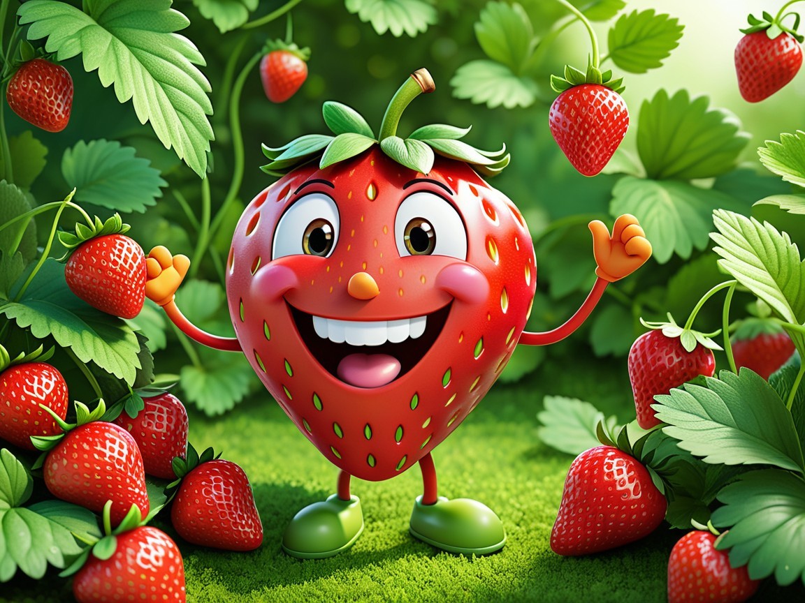 Cartoon Strawberry Character in Whimsical Garden