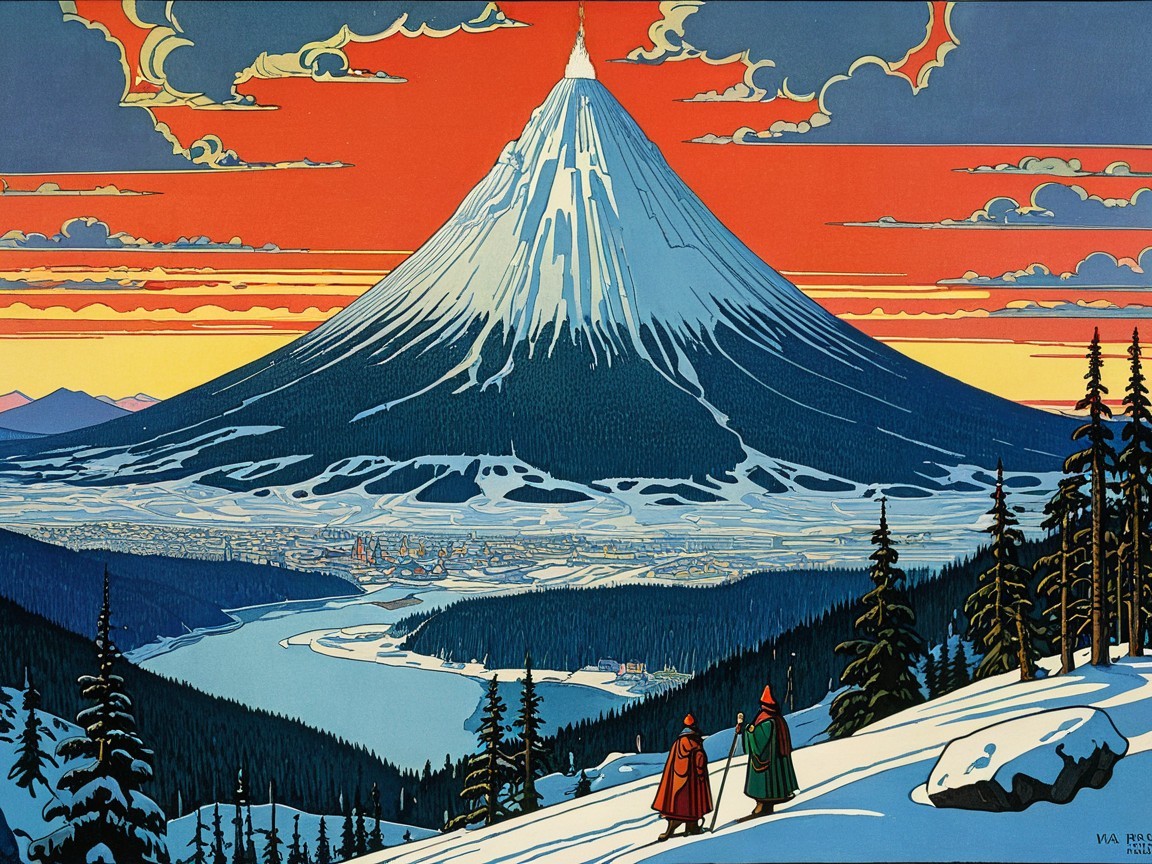 Ukiyo-e Illustration of Hikers on Snowy Mountain