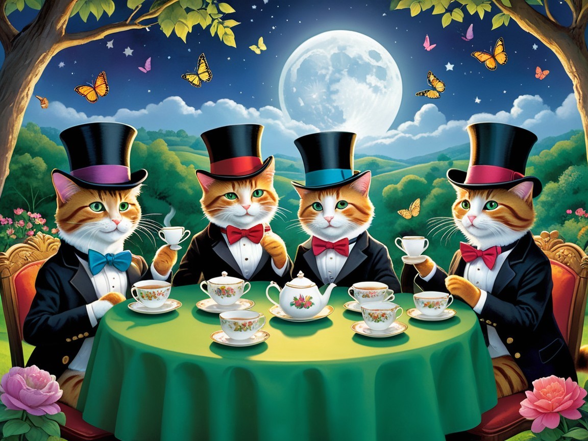 Whimsical Tea Party with Elegantly Dressed Cats