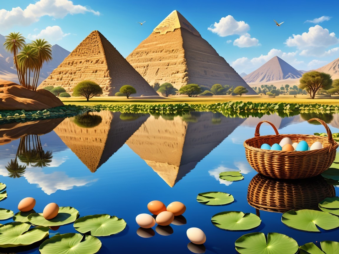 Pyramids and Colorful Eggs by a Serene Lake