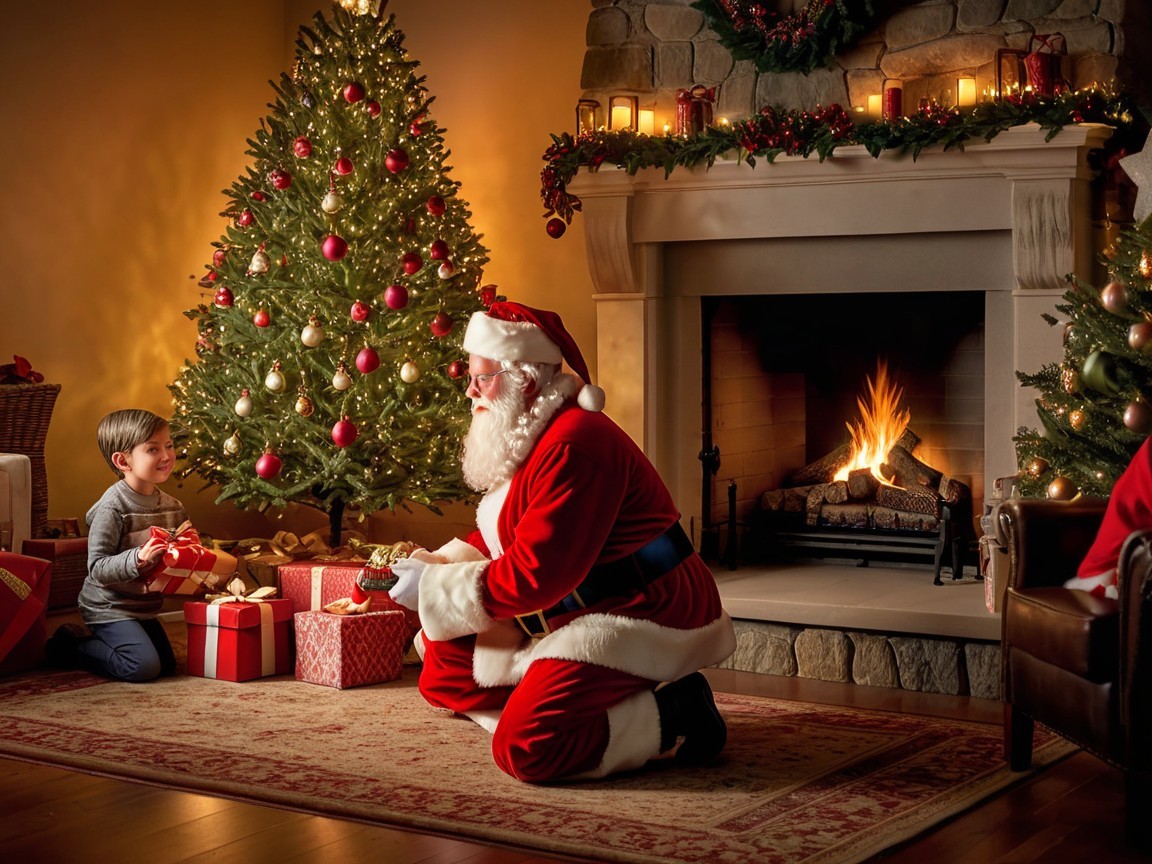 Cozy Holiday Scene with Santa and a Young Boy