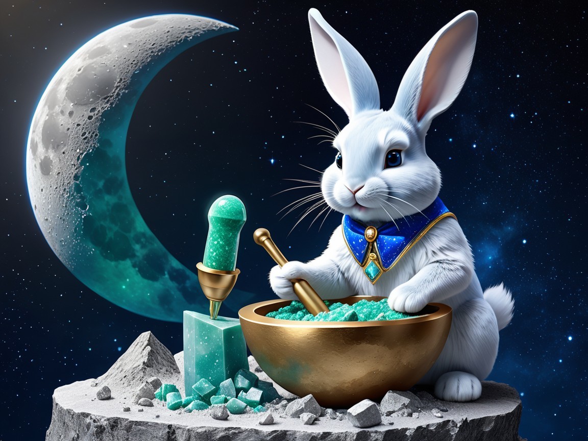 Mystical Rabbit Mixing Crystals Under Crescent Moon