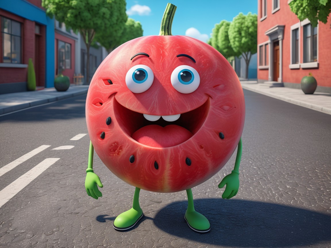 Vibrant Watermelon Character on Asphalt Road