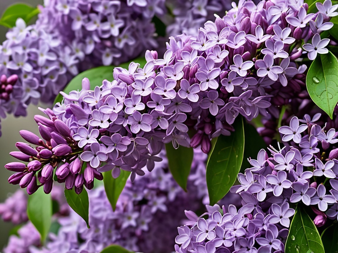 Cluster of Lilac Flowers with Purple Hues and Dew