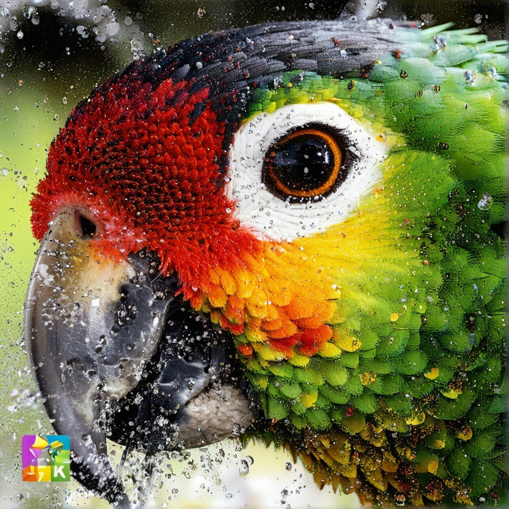 Vibrant Parrot with Colorful Plumage and Water Droplets