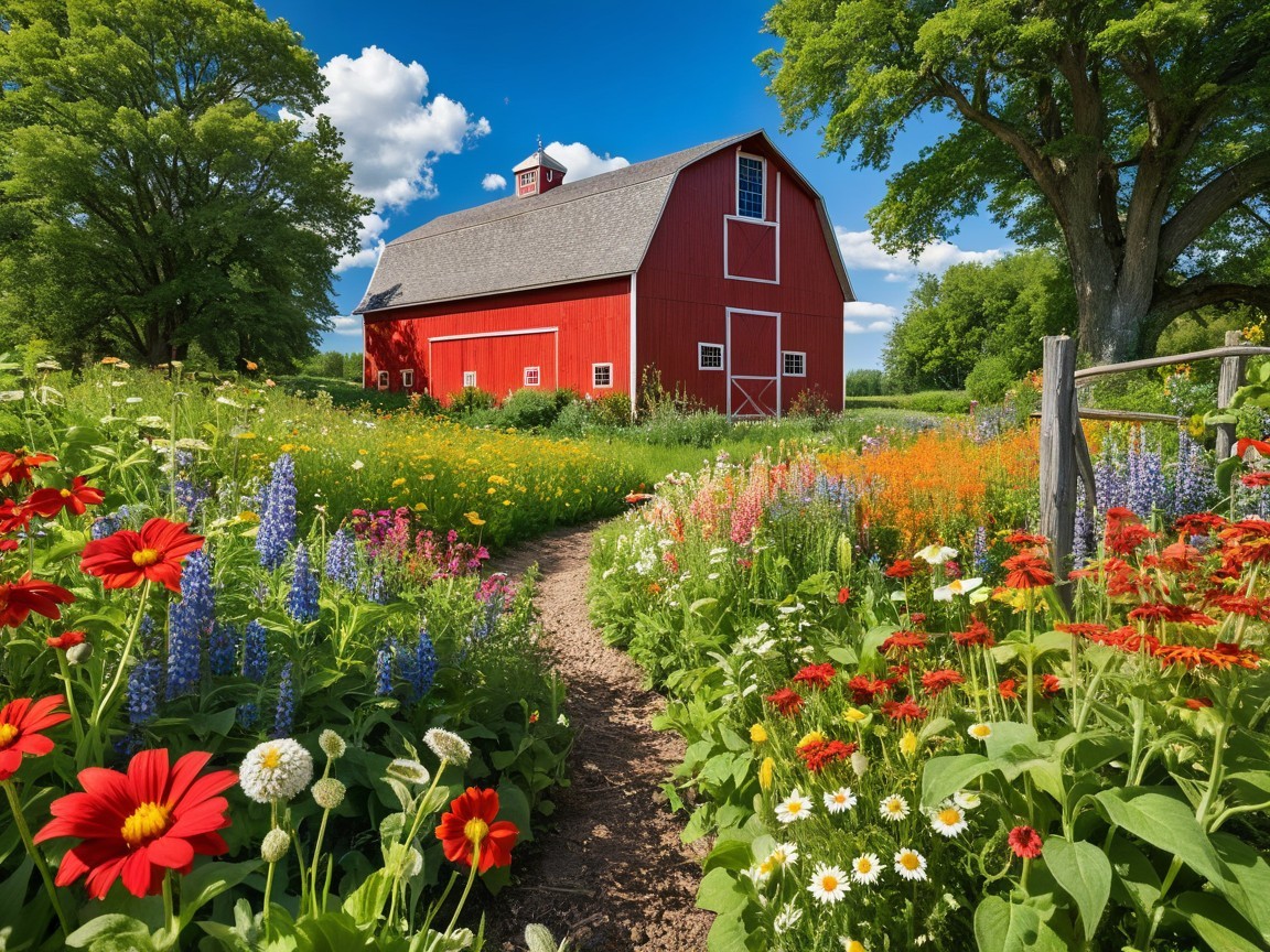 Vibrant Red Barn in a Colorful Rural Landscape