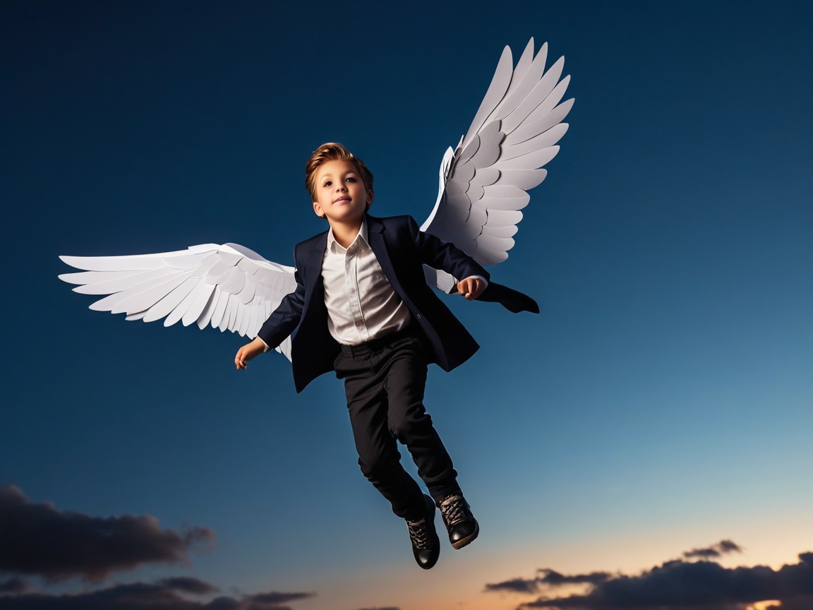 Boy with wings in a suit against blue evening sky