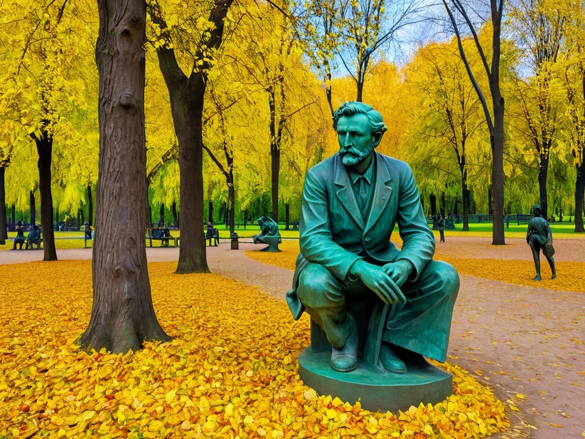 Bronze Statue of Contemplative Man Surrounded by Leaves