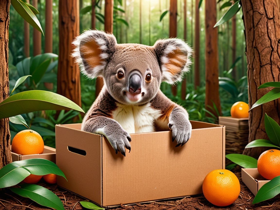 Koala in Cardboard Box Surrounded by Greenery and Fruit
