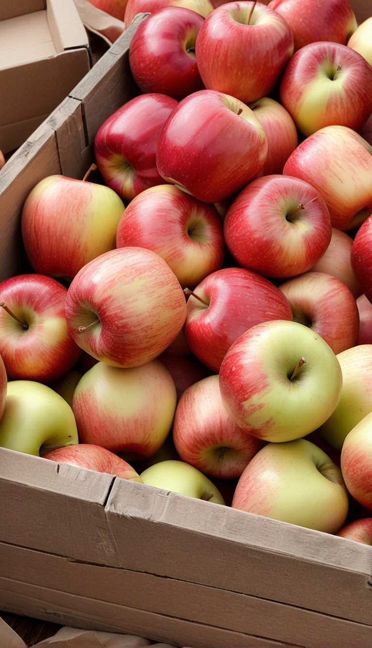 Wooden crate filled with fresh red and green apples