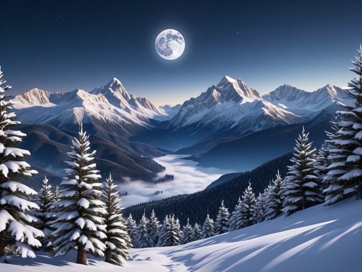 Serene Winter Landscape with Snow-Capped Mountains