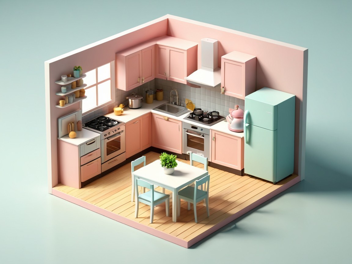 Pastel-Colored 3D Kitchen with Modern Appliances