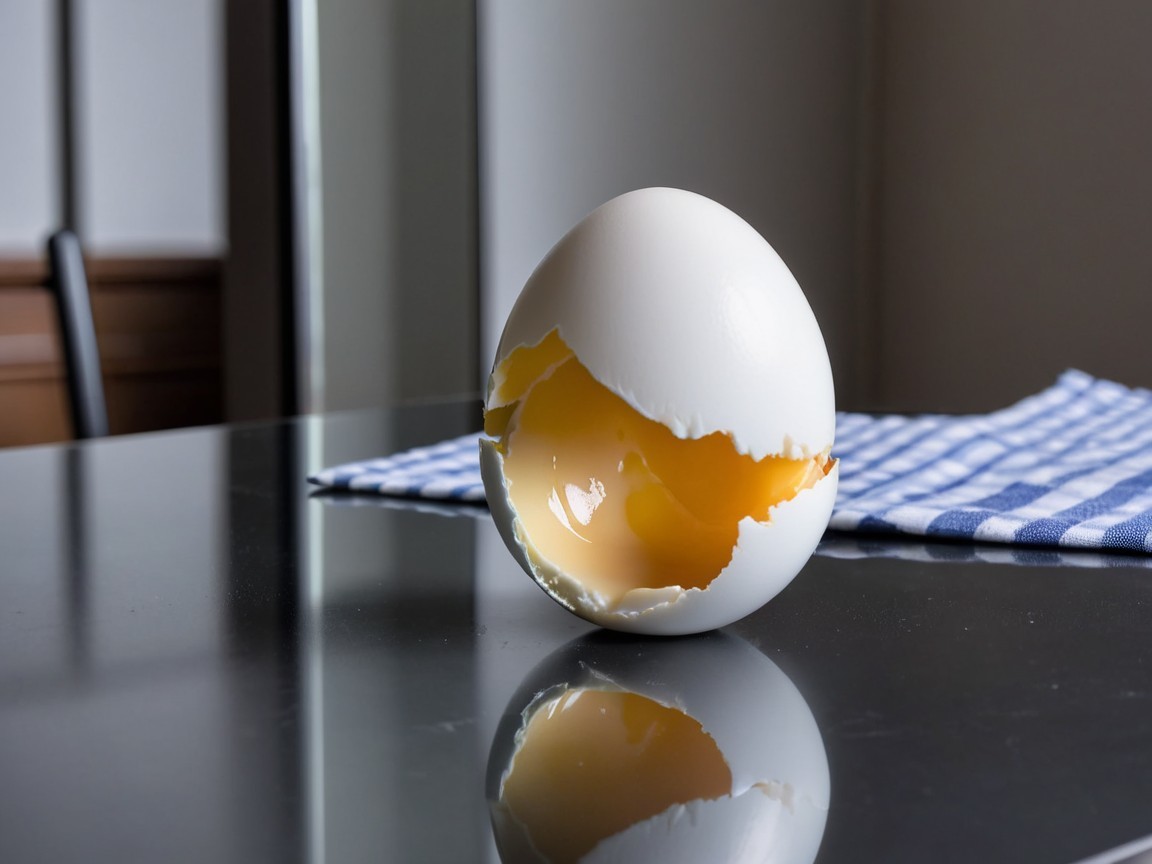 Cracked Eggshell with Yolk on Black Surface