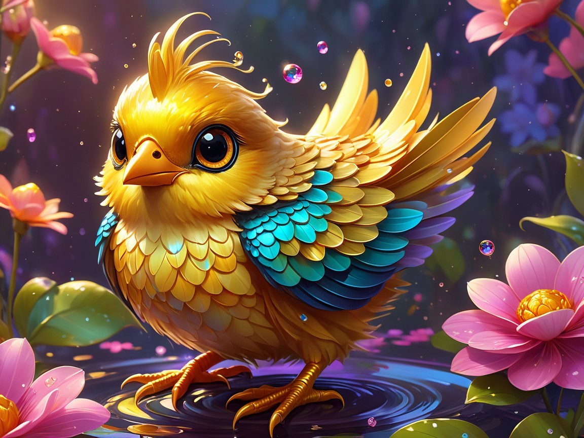 Cartoon Bird Among Colorful Garden Flowers
