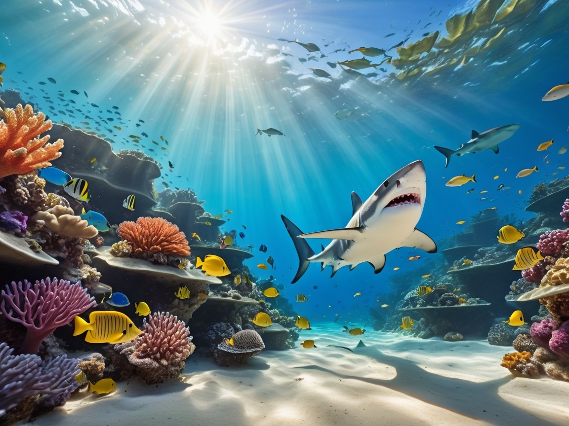 Vibrant Underwater Scene with Shark and Tropical Fish