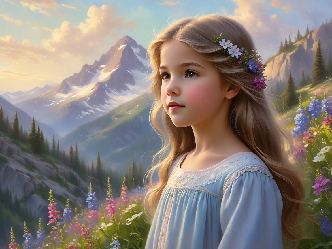 Young girl in floral meadow with mountains backdrop