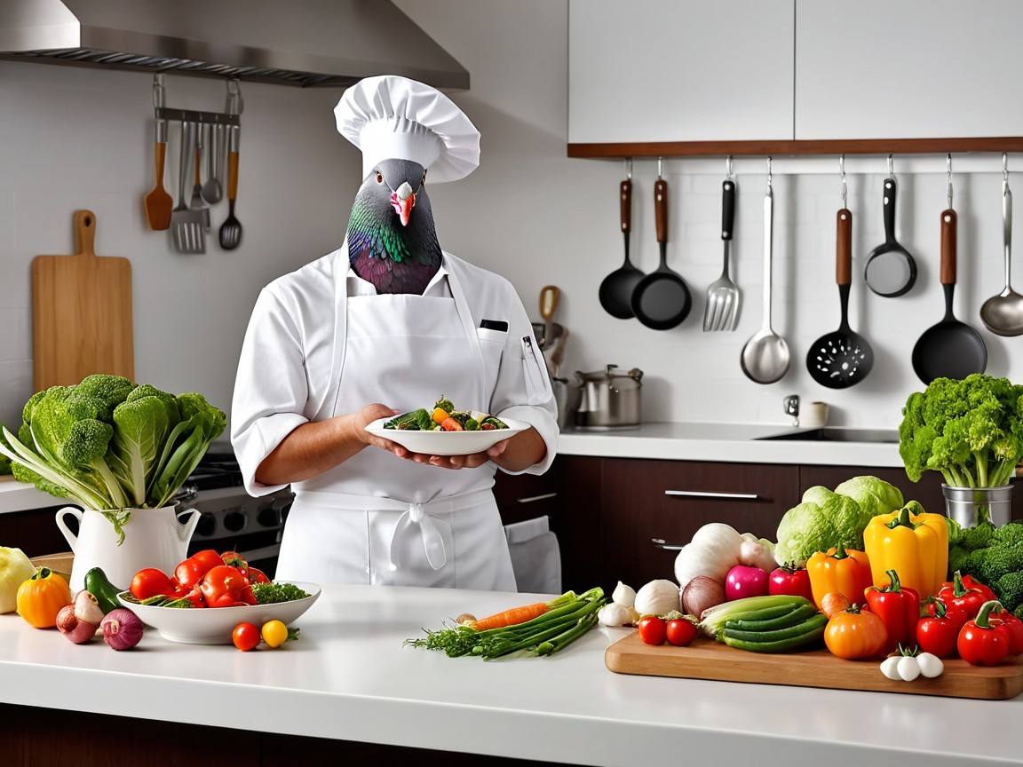Chef with Pigeon Head in Modern Kitchen with Salad