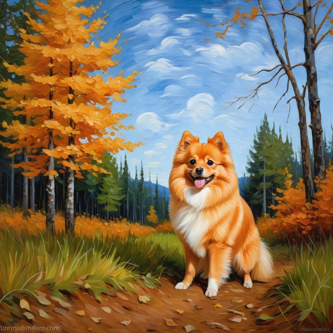 Oil Painting of Pomeranian in Autumn Forest Setting
