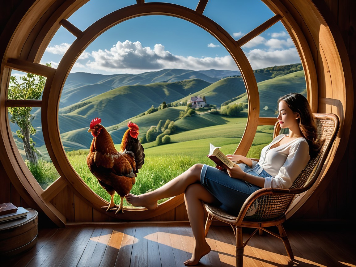 Woman Reading in Cozy Wooden Nook with Scenic View