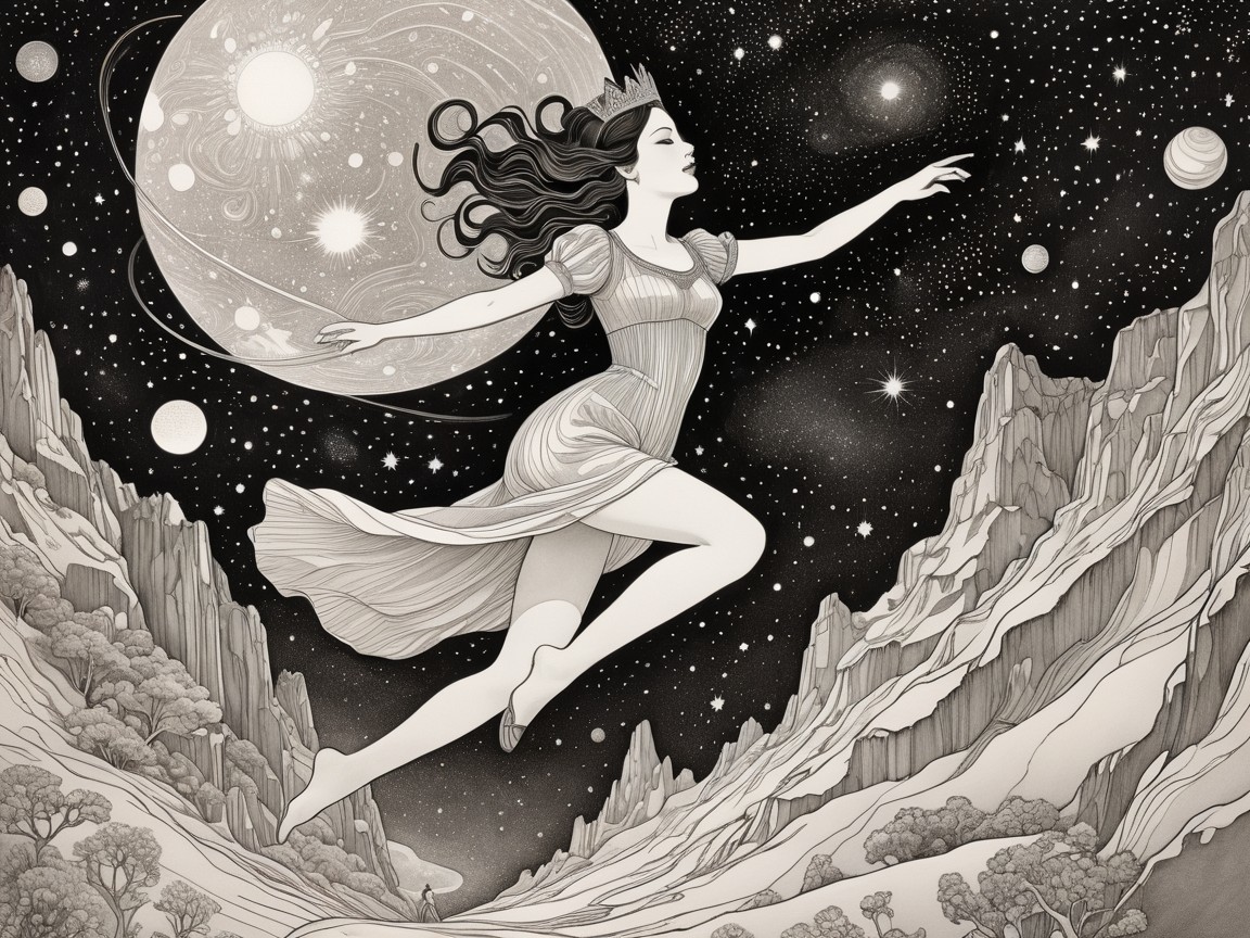 Woman Floating in a Starry Universe with Mountains