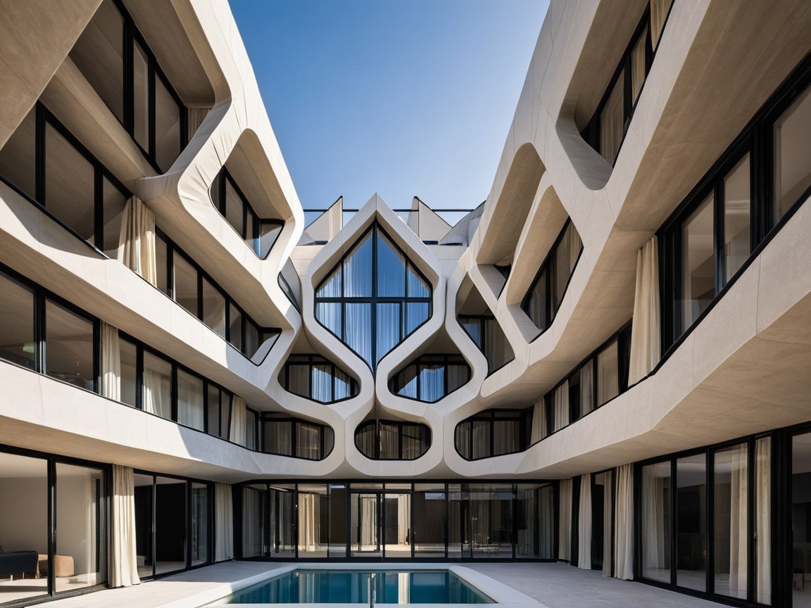 Modern Building with Organic Design and Serene Courtyard