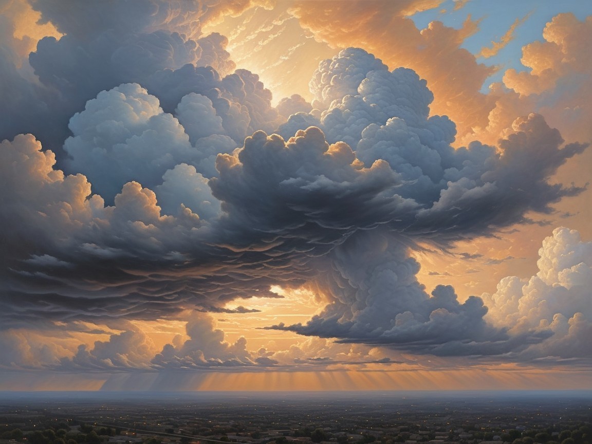 Dramatic Landscape with Swirling Clouds and Sunlight