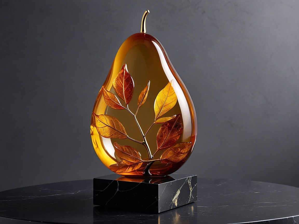 Amber Glass Pear Sculpture with Gold Leaves on Marble Base
