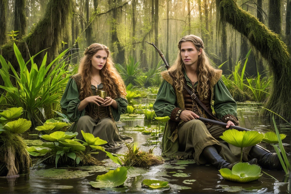 Enchanting Figures in a Tranquil Swamp Setting