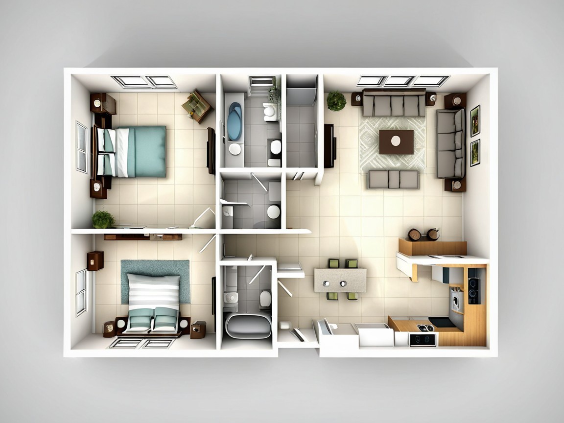 Modern Apartment Layout with Two Bedrooms and Bathrooms