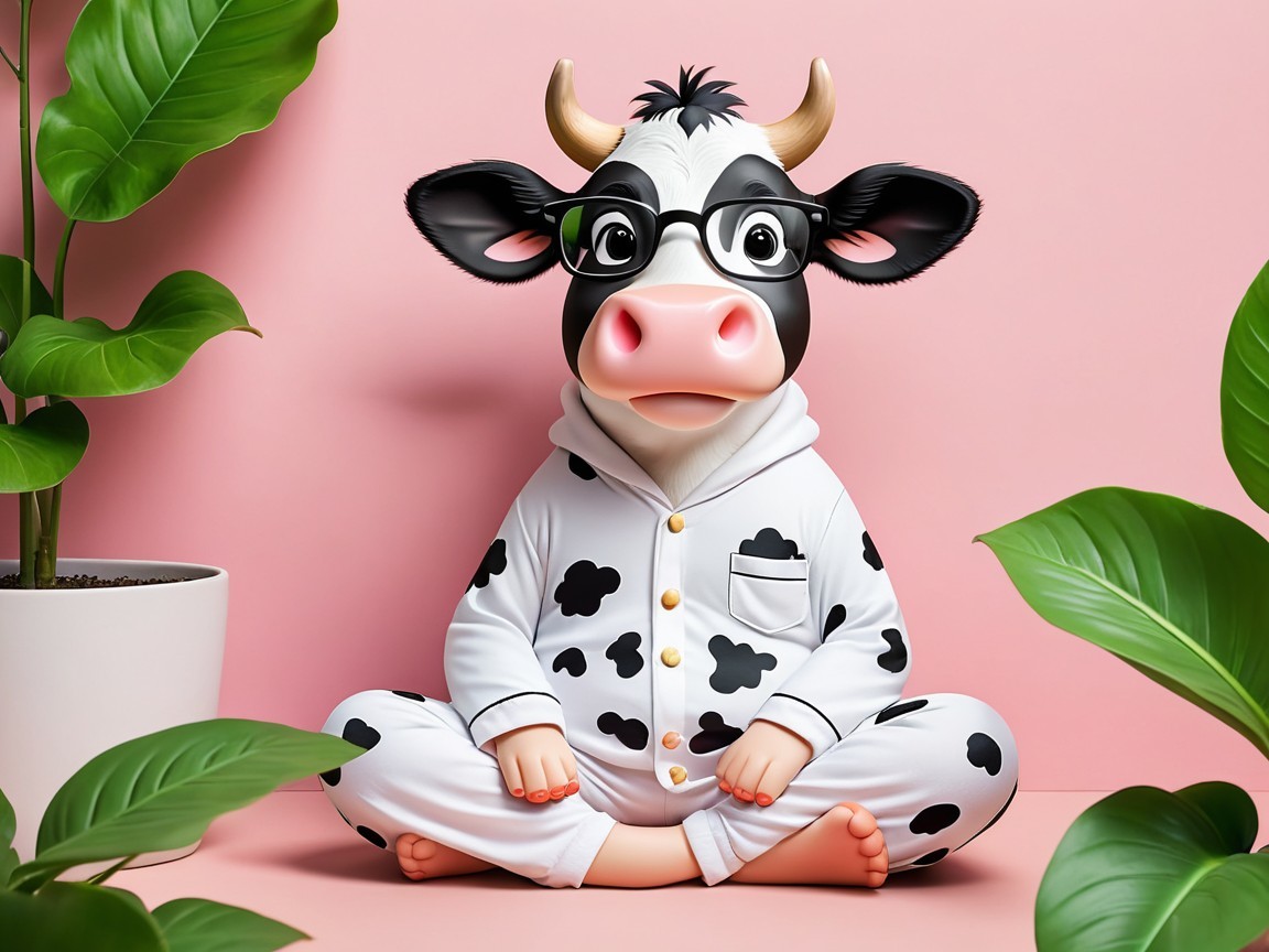 Cartoon Cow in Pajamas on Pink Background with Leaves