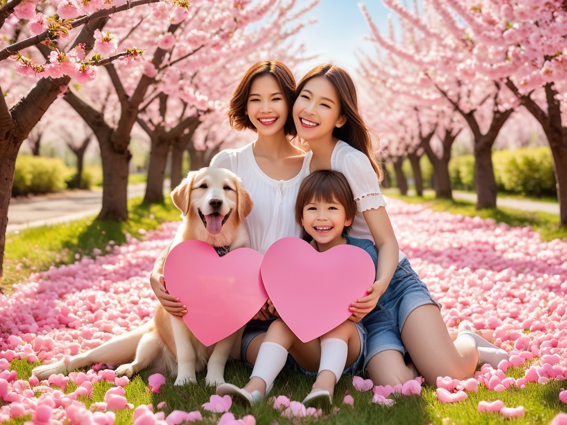 Joyful Family Moment in Cherry Blossom Grove