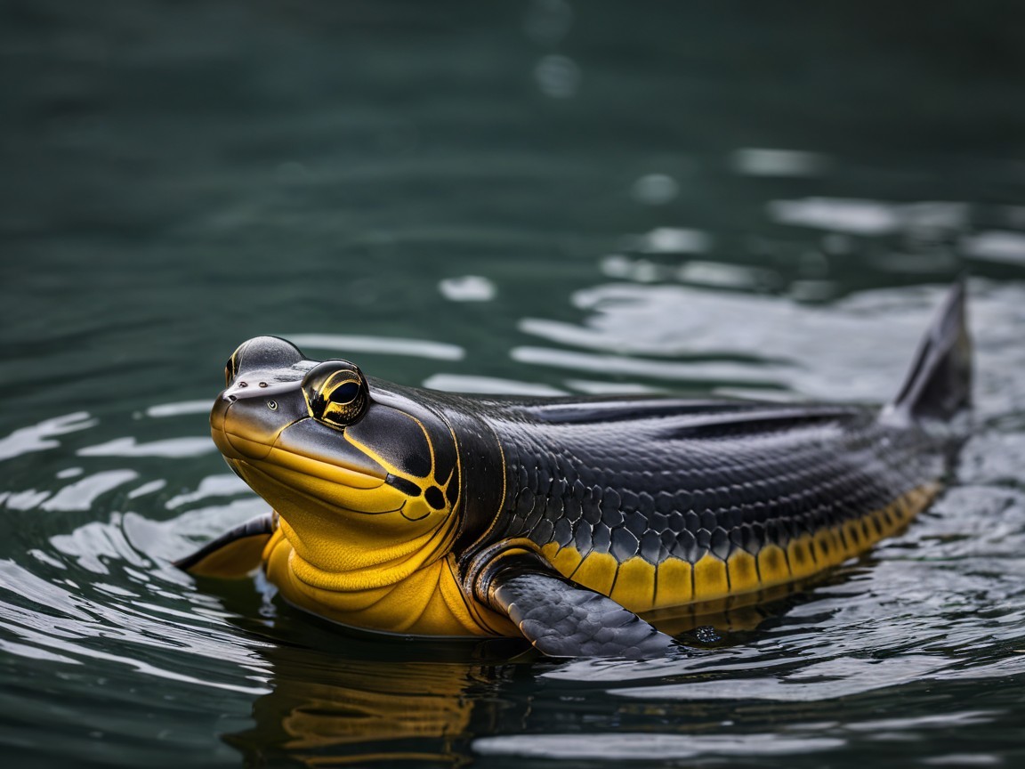 Unique turtle swimming in dark green water with patterns